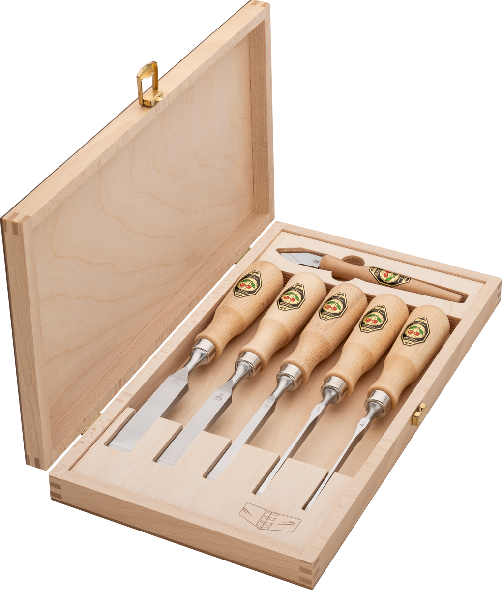 Stechbeitelsatz für Zinkenverbindungen, 6-tlg. - mit Rotbuchenheft, inklusive Anreißmesser