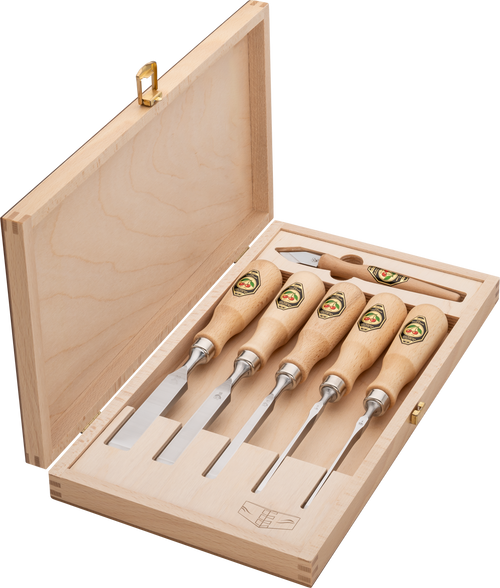 Stechbeitelsatz für Zinkenverbindungen, 6-tlg. - mit Rotbuchenheft, inklusive Anreißmesser