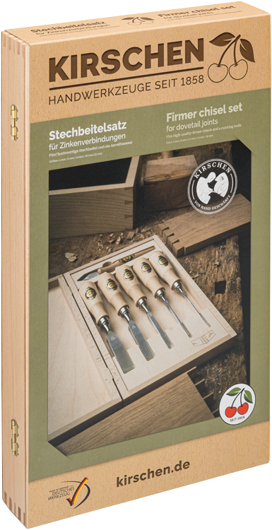 Stechbeitelsatz für Zinkenverbindungen, 6-tlg. - mit Rotbuchenheft, inklusive Anreißmesser
