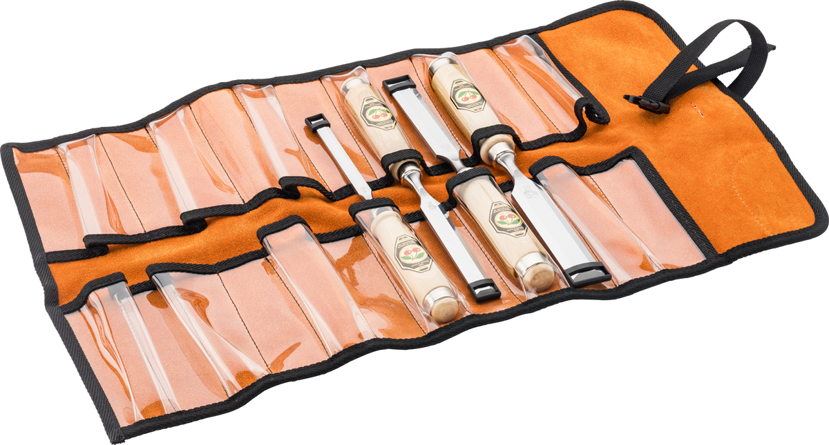 Stechbeitelsatz in orangener Ledertasche, 6-tlg. mit Weißbuchenheft