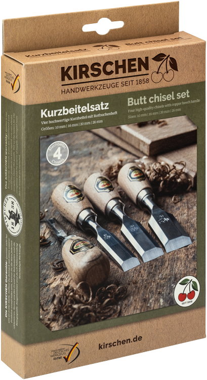 Kurzbeitelsatz im Karton, 4-tlg. - mit Rotbuchenheft, 10 -16 - 20 -