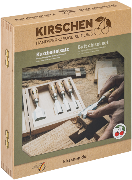 Kurzbeitelsatz im Holzkasten, 5-tlg. - mit Rotbuchenheft, 10-16-20-26-