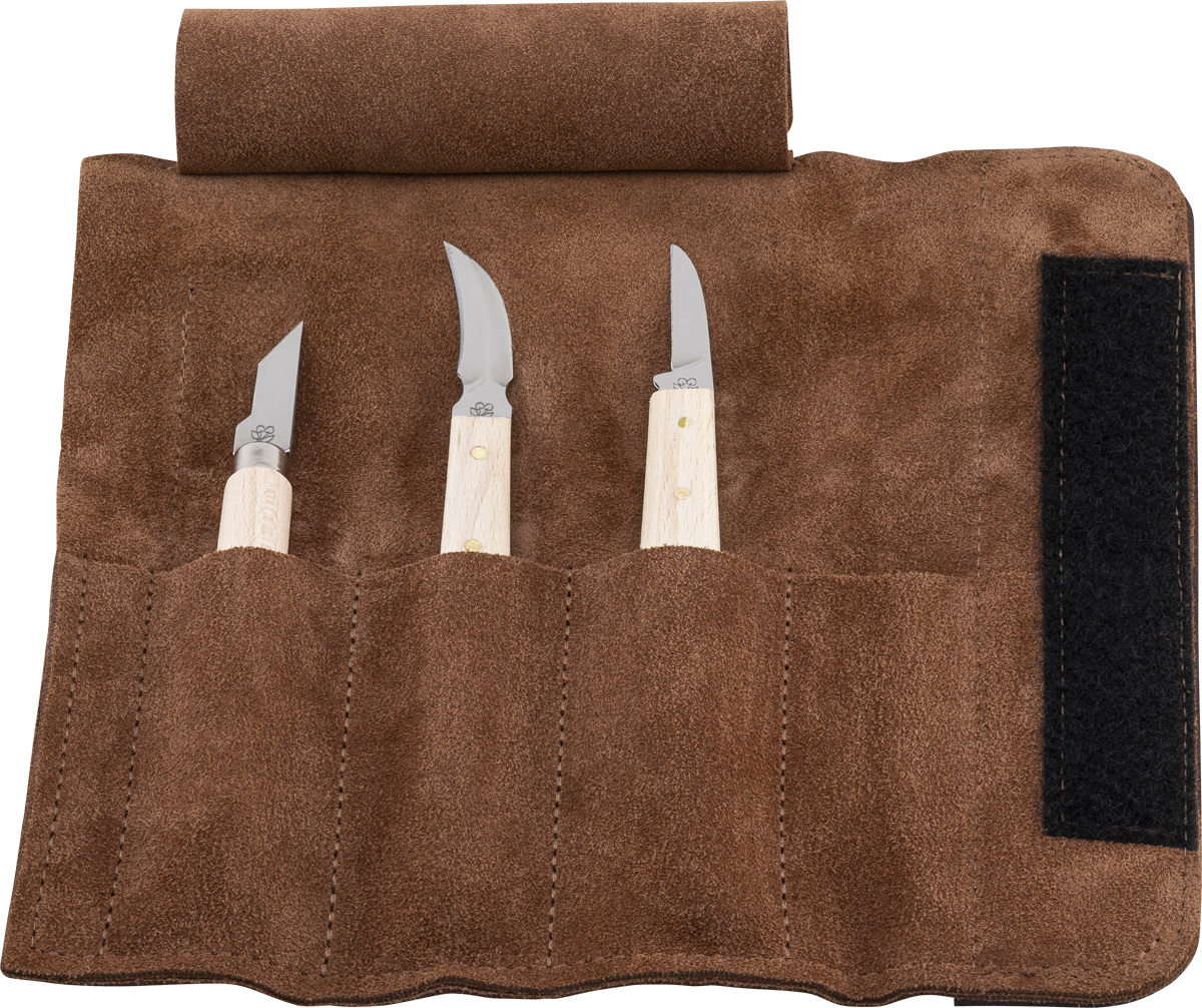 Schnitzmessersatz in Ledertasche, 3-tlg.