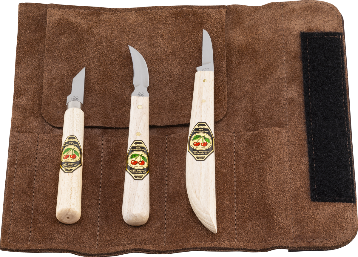 Schnitzmessersatz in Ledertasche, 3-tlg.