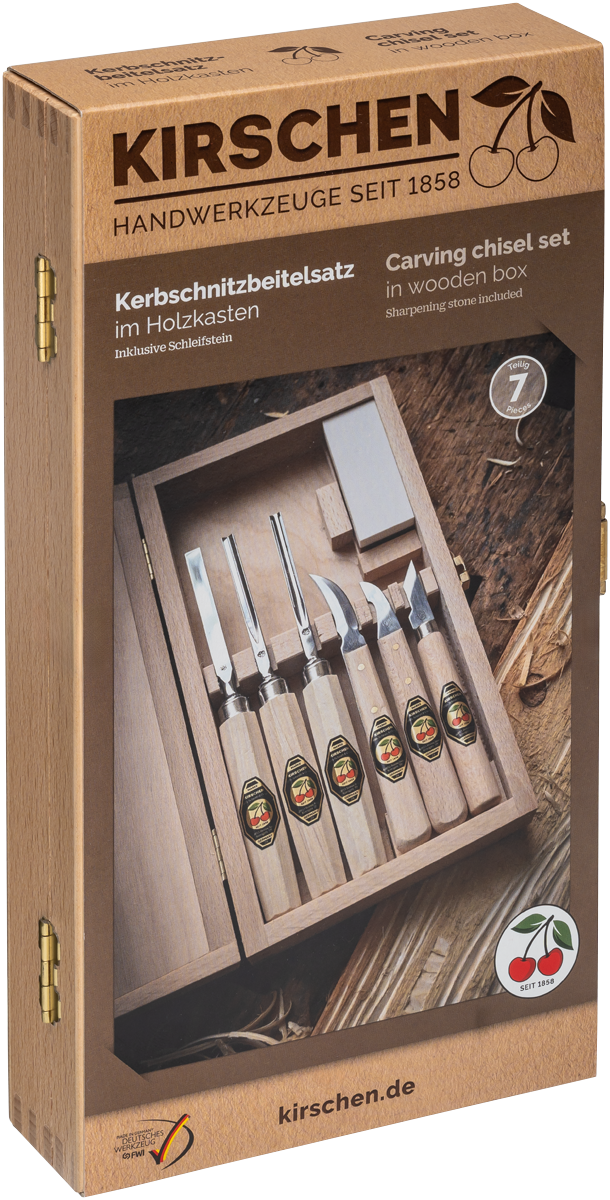 Kerbschnitzbeitelsatz im Holzkasten, 7-tlg. - inkl. 3 Schnitzmesser