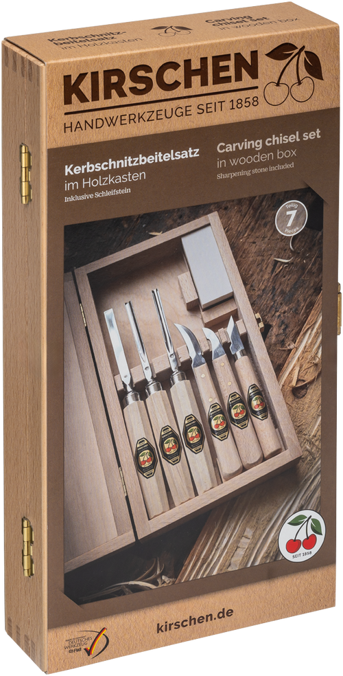 Kerbschnitzbeitelsatz im Holzkasten, 7-tlg. - inkl. 3 Schnitzmesser