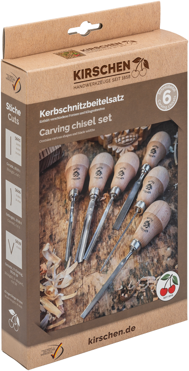 Kerbschnitzbeitelsatz im Karton, 6-tlg. - mit Rotbuchenheft, Birnenform
